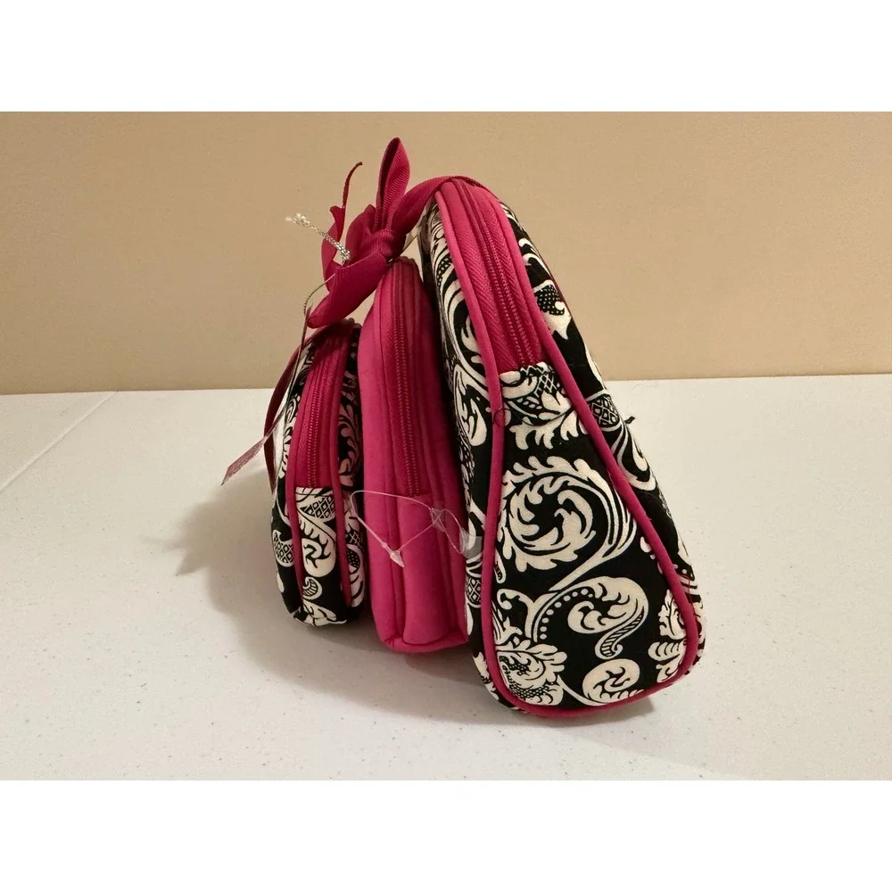 3 Piece Cosmetic Bag Set Hot Pink Black White Damask Travel Makeup Pouches NEW